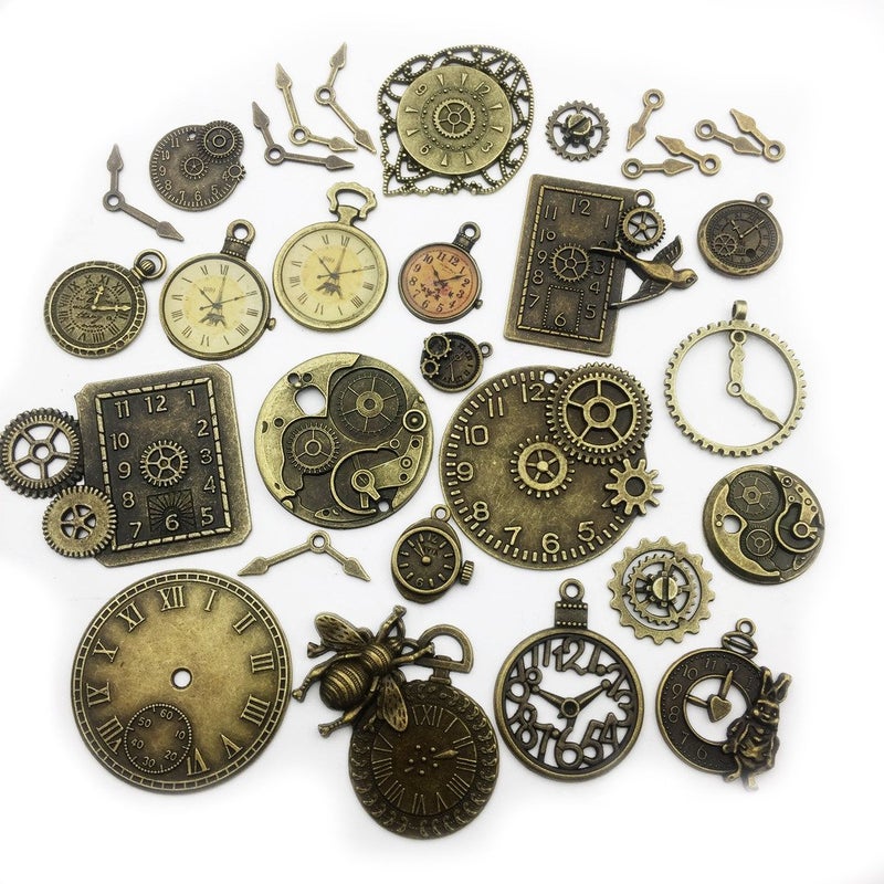 Youdiyla 100g Steampunk Clock Face Dial Pointer Charm Pendant, Mix Antique Metal Pendant Supplies Findings for Jewelry Making (Bronze HM71) - Image 1
